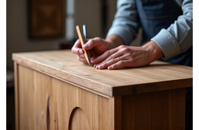 Een vakman bewerkt een uniek meubelstuk in een werkplaats