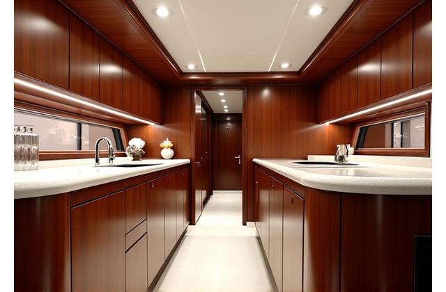 Luxe, op maat gemaakte houten jachtinterieur met glanzende afwerking