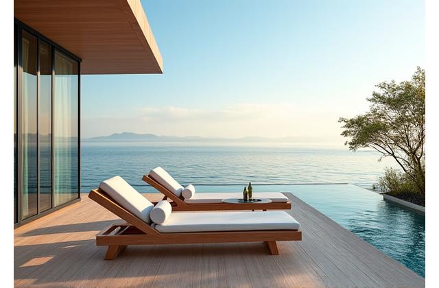 Stijlvolle, weerbestendige bank van teakhout op een luxe terras