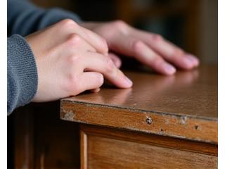 Handen van een meubelmaker die een oud, klassiek houten bureau restaureert.