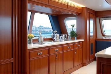 Elegant jachtinterieur met ingebouwde houten kasten en zachte verlichting, refererend aan maritieme interieurs.