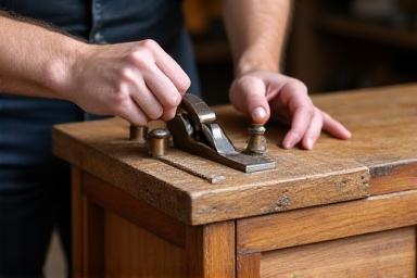 Een vakman die een oud houten meubelstuk restaureert, met nadruk op handgereedschap en duurzaamheid.