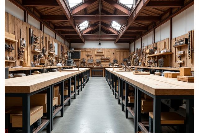 Interieur van de werkplaats van Boeg Blad, met zowel traditionele gereedschappen als moderne machines in gebruik.